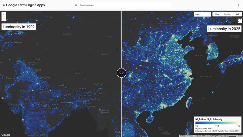Vista dividida de las luces nocturnas (tipo DMSP) en todo el mundo 1992-2025