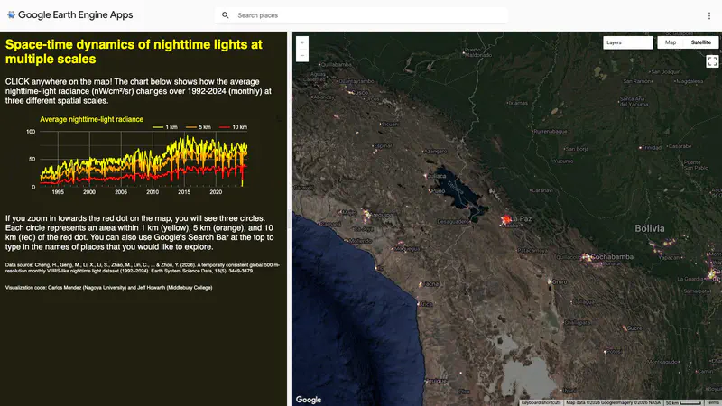 Series temporales mensuales localizadas de luces nocturnas (tipo VIIRS) 1992-2024