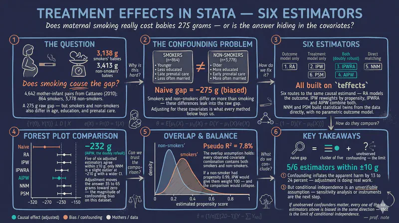 Treatment Effects in Stata: A Beginner's Tour of Six Estimators with the Maternal Smoking and Birth Weight Case Study