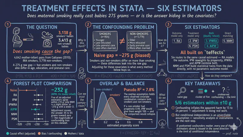 Treatment Effects in Stata: A Beginner's Tour of Six Estimators with the Maternal Smoking and Birth Weight Case Study