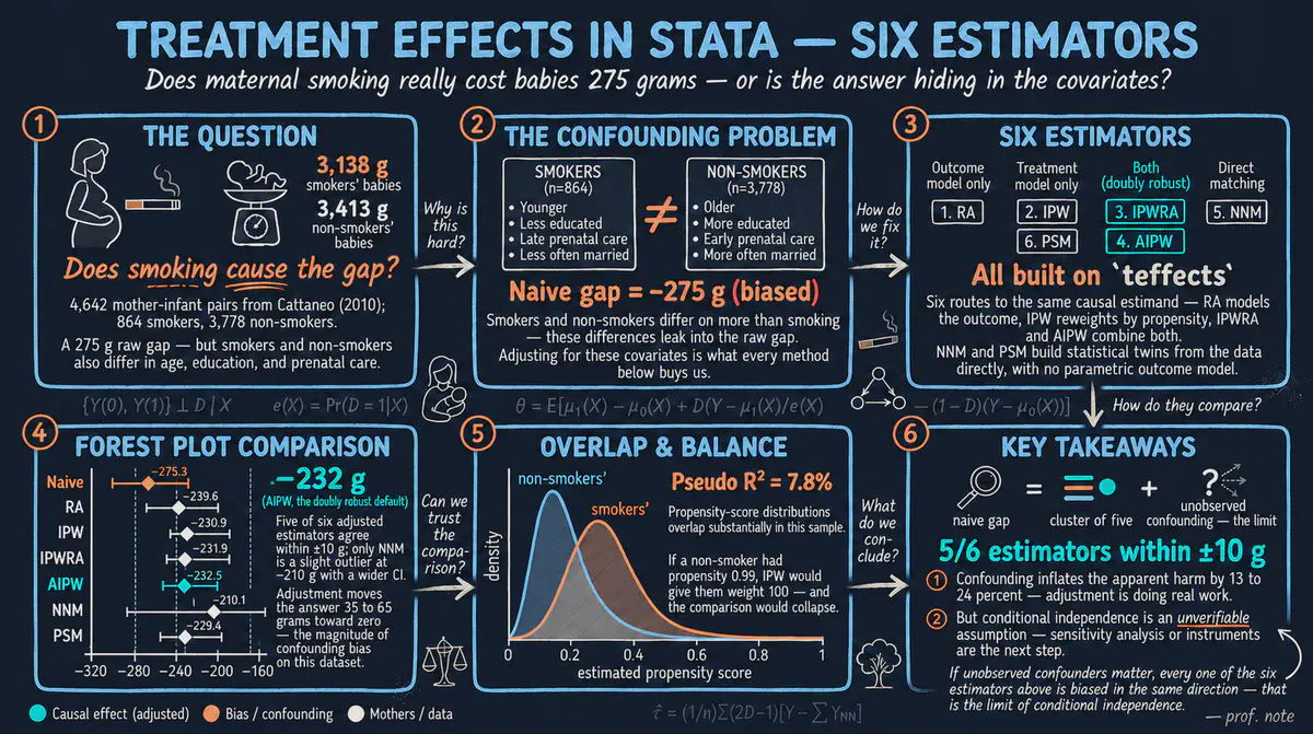 Efectos de tratamiento en Stata: un recorrido para principiantes por seis estimadores con el caso del tabaquismo materno y el peso al nacer