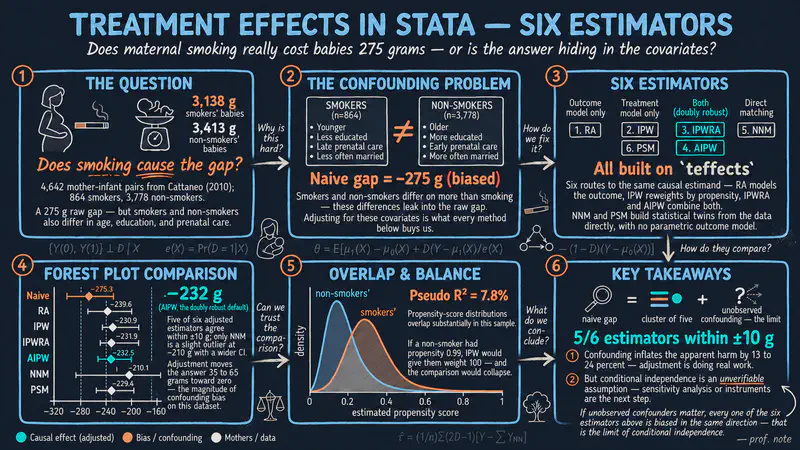 Treatment Effects in Stata: A Beginner's Tour of Six Estimators with the Maternal Smoking and Birth Weight Case Study